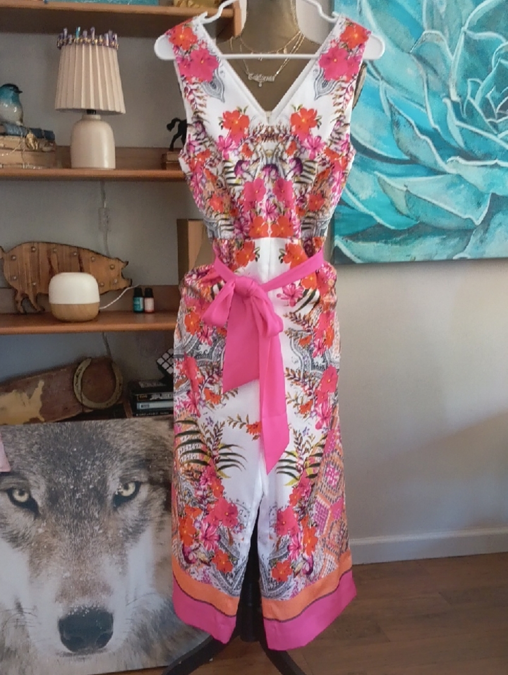 Sleeveless Floral V-Neck Jumpsuit with Tie Waist - Pink & Orange